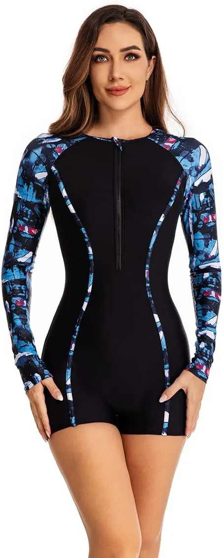 Akaeys Women's Rashguard Long Sleeve One Piece Zip Sporty Boyshorts Swimsuit Surfing Suit