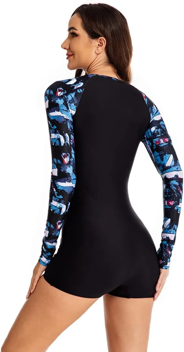 Akaeys Women's Rashguard Long Sleeve One Piece Zip Sporty Boyshorts Swimsuit Surfing Suit