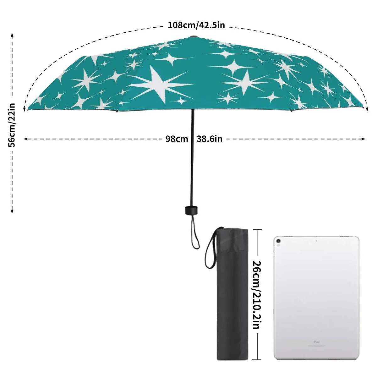 Atomic Starbursts Retro Mod Teal, White Kitschy Umbrella