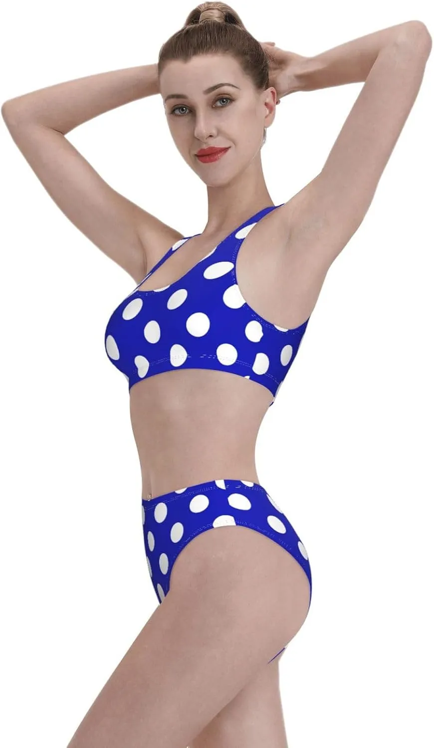 Blue and White Polka Dot Print Women's 2 Piece Bikini Set Halter Bathing Suit High Waisted Bikini Sets-