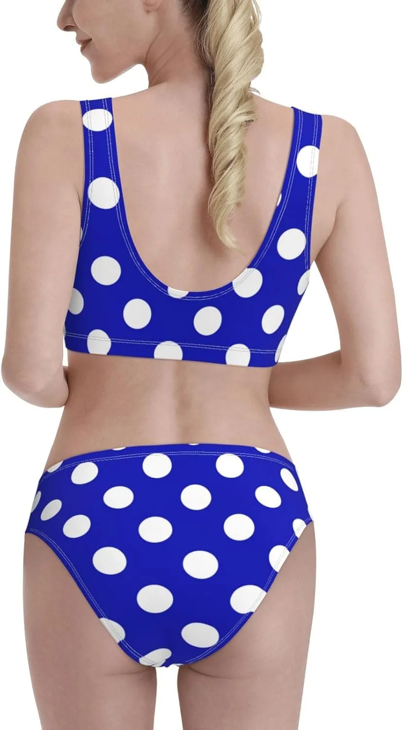 Blue and White Polka Dot Print Women's 2 Piece Bikini Set Halter Bathing Suit High Waisted Bikini Sets-
