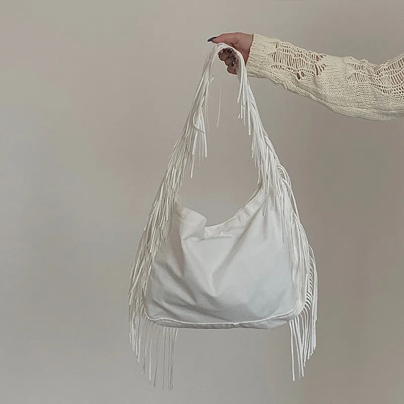 Christmas Gift [EAM] Women New Brief Large White Tassel Canvas Button Personality All-match Crossbody Shoulder Bag Fashion Tide 2021 18A0149