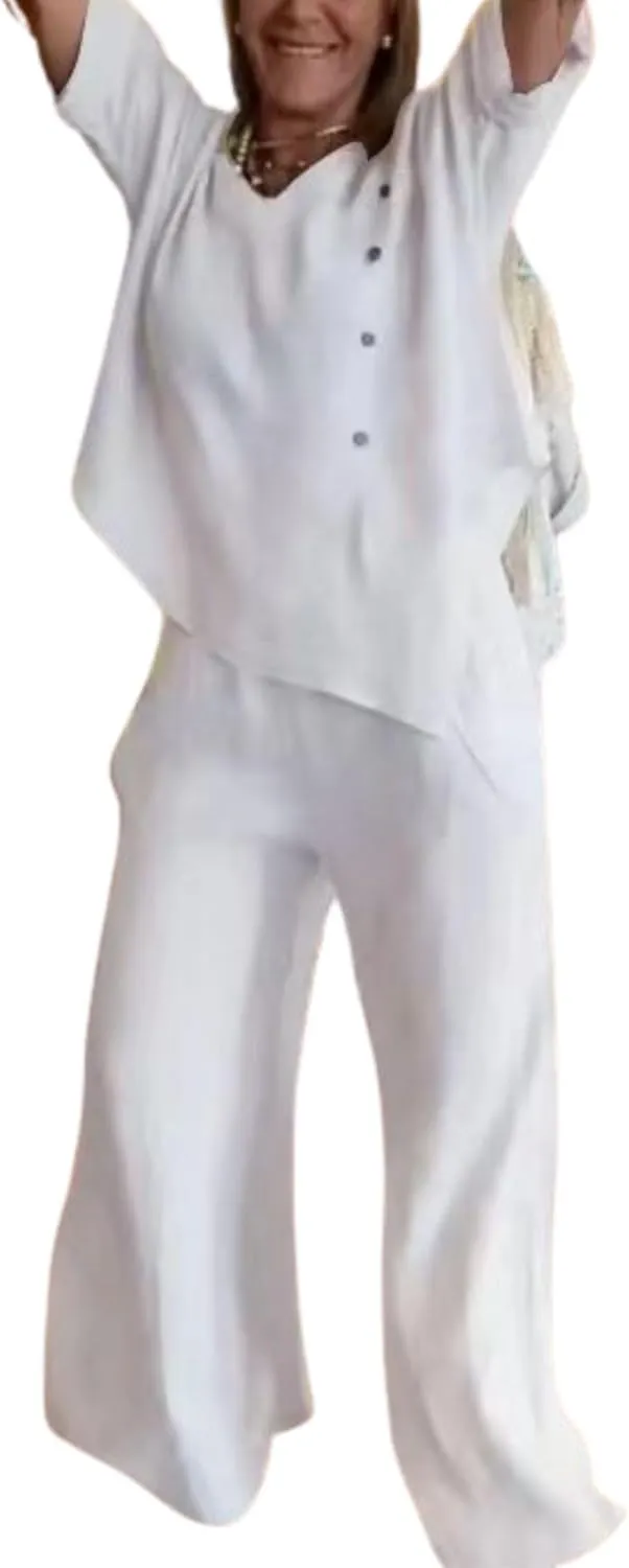 Linen Pants Suits for Women Summer Two Piece Outfits Casual Asymmetrical Tops and Wide Leg Pants Sets S-5XL