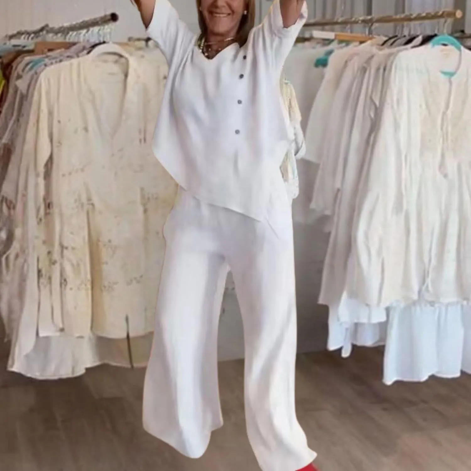 Linen Pants Suits for Women Summer Two Piece Outfits Casual Asymmetrical Tops and Wide Leg Pants Sets S-5XL