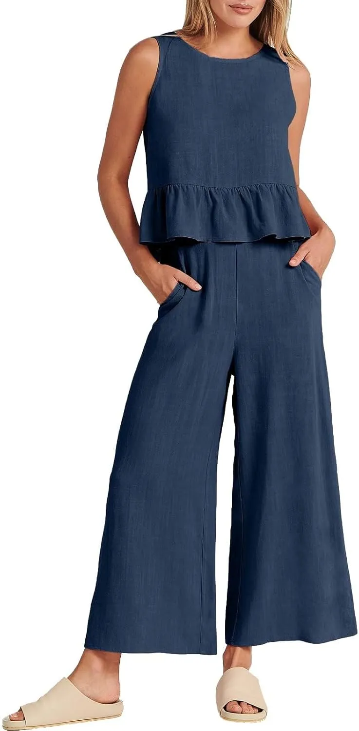 Linen Pants Suits for Women Summer Two Piece Outfits Ruffle Sleeveless Crop Top and Wide Leg Pants Sets S-XXL