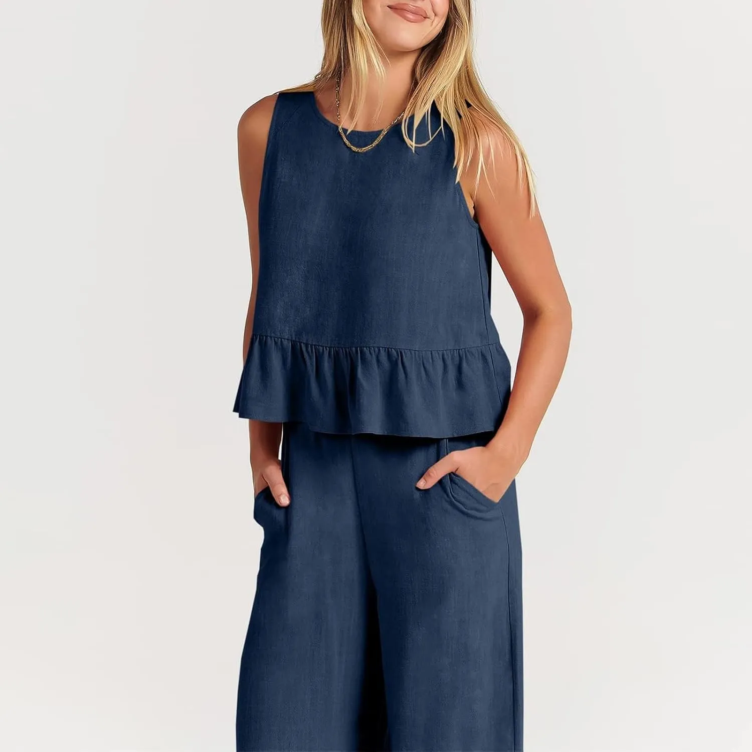 Linen Pants Suits for Women Summer Two Piece Outfits Ruffle Sleeveless Crop Top and Wide Leg Pants Sets S-XXL