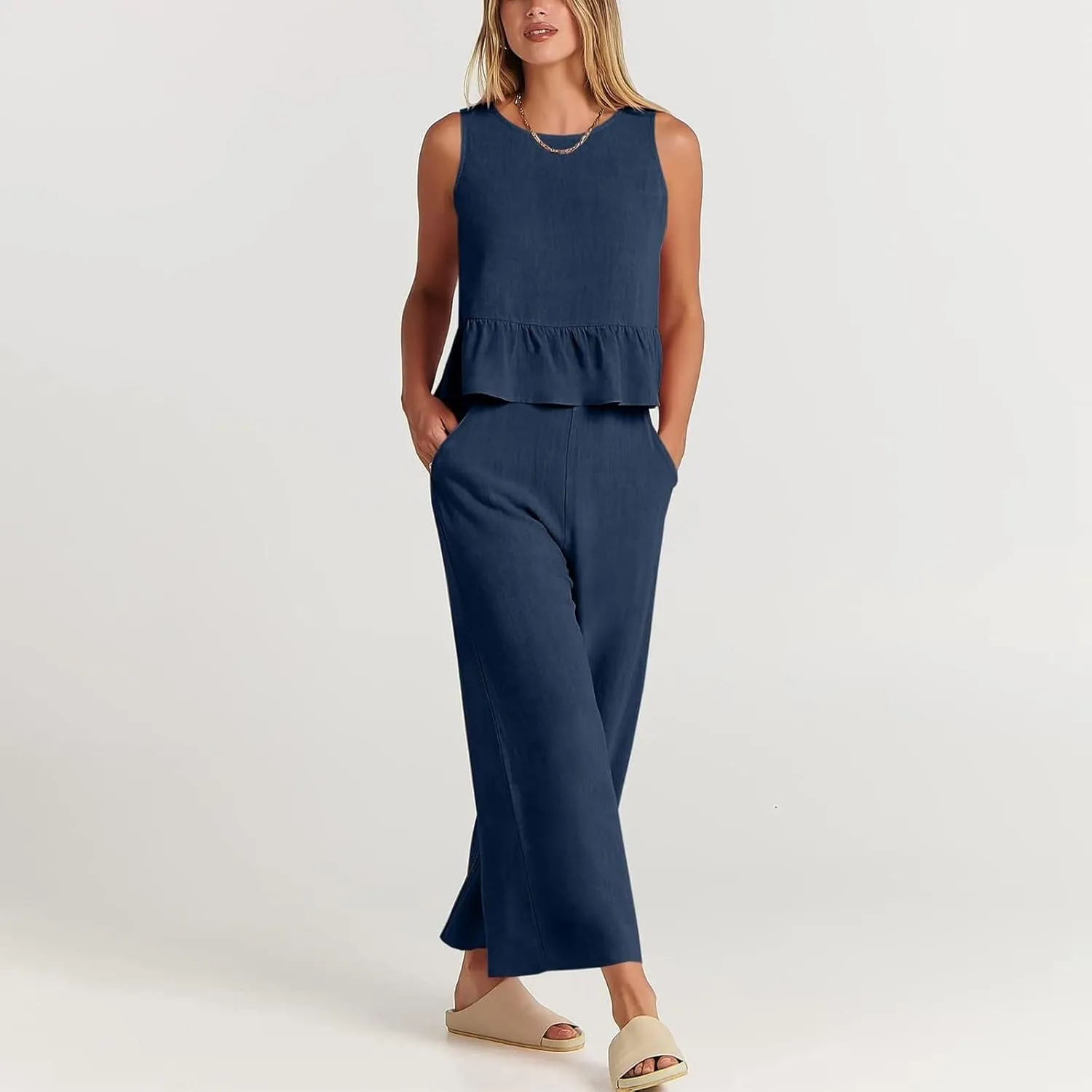 Linen Pants Suits for Women Summer Two Piece Outfits Ruffle Sleeveless Crop Top and Wide Leg Pants Sets S-XXL