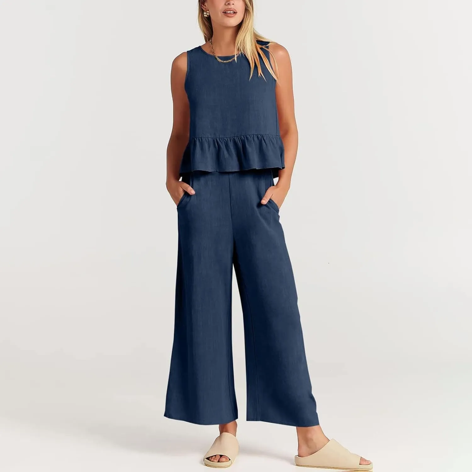 Linen Pants Suits for Women Summer Two Piece Outfits Ruffle Sleeveless Crop Top and Wide Leg Pants Sets S-XXL