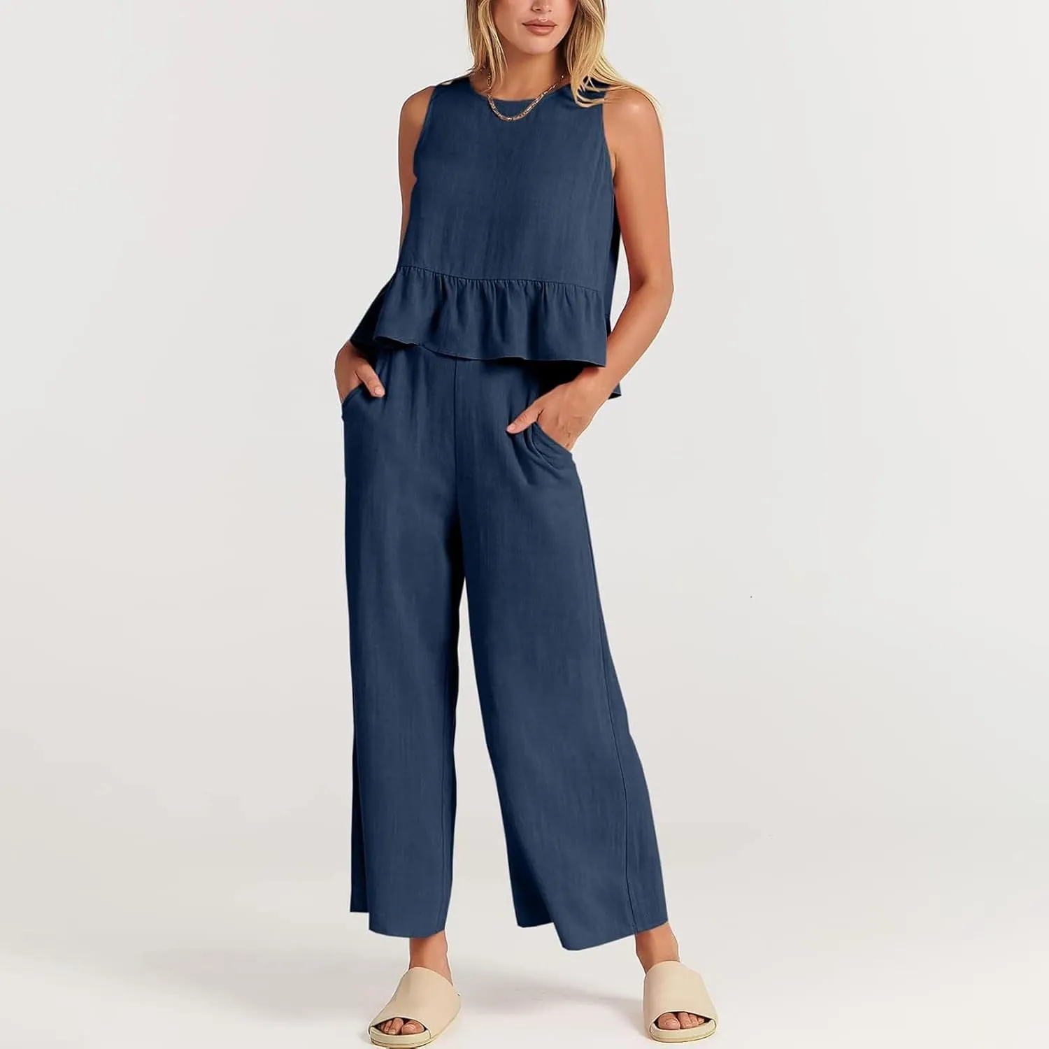 Linen Pants Suits for Women Summer Two Piece Outfits Ruffle Sleeveless Crop Top and Wide Leg Pants Sets S-XXL
