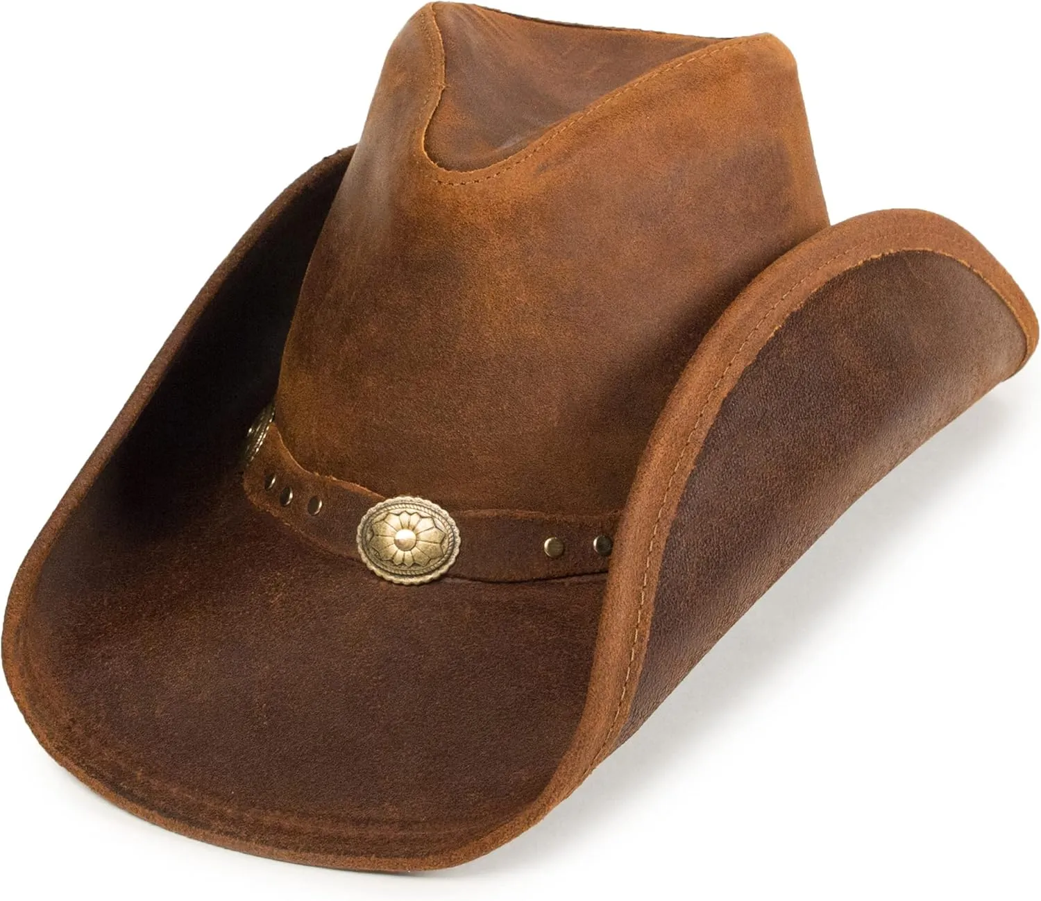 Minnetonka Silverton Dude Hat - Leather Cowboy Hat Handcrafted with Metal Conchos