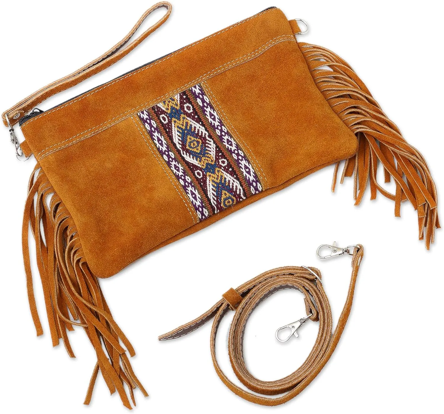 NOVICA Artisan Handmade Wool Accented Suede Shoulder Bag Fringed Handbag Golden Brown Handbags Wristlets Clutches Slings Patterned Peru Geometric ' Golden Brown Fringe'