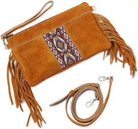 NOVICA Artisan Handmade Wool Accented Suede Shoulder Bag Fringed Handbag Golden Brown Handbags Wristlets Clutches Slings Patterned Peru Geometric ' Golden Brown Fringe'