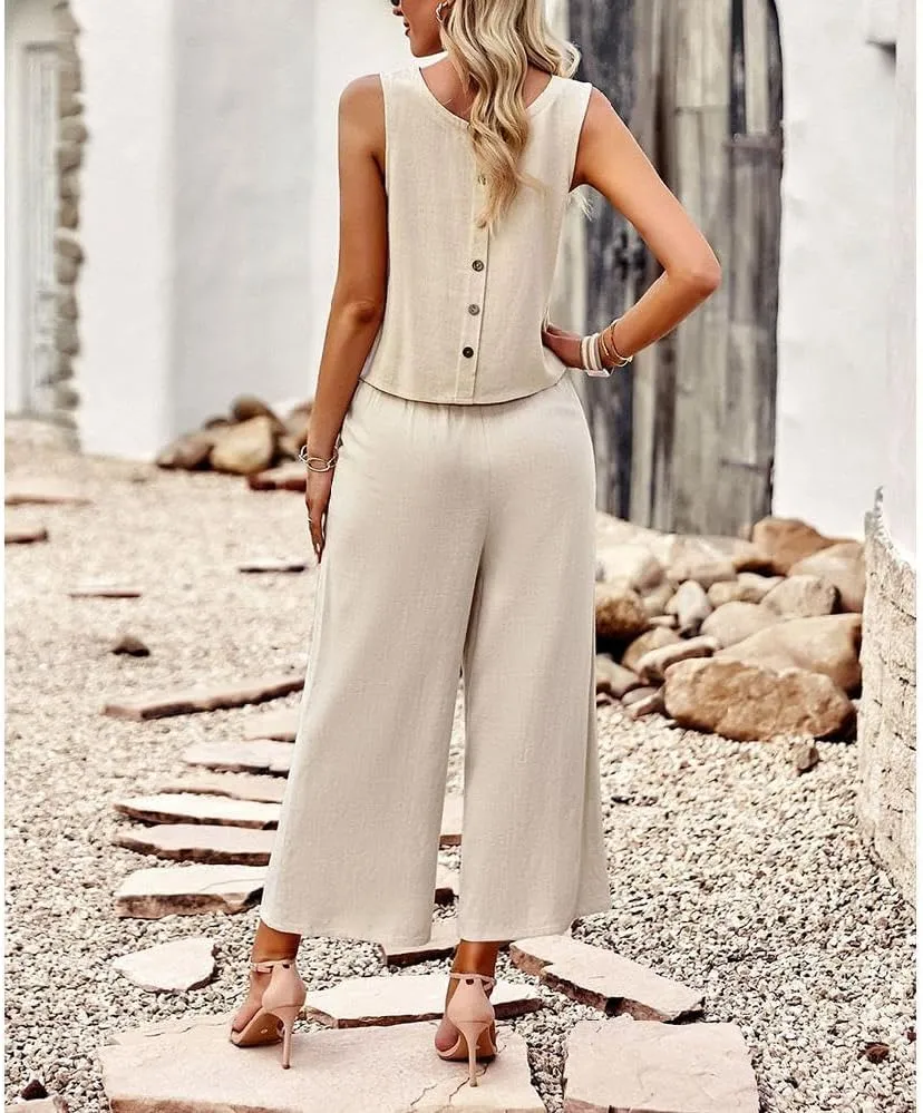 Two Piece Summer Outfits for Women Linen Pants Suits Casual Sleeveless Crop Top and Wide Leg Pants Sets S-XL