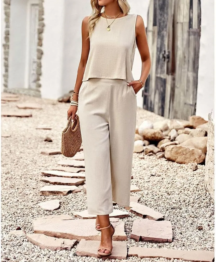 Two Piece Summer Outfits for Women Linen Pants Suits Casual Sleeveless Crop Top and Wide Leg Pants Sets S-XL