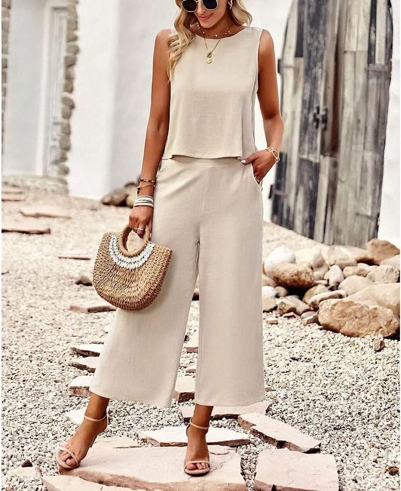 Two Piece Summer Outfits for Women Linen Pants Suits Casual Sleeveless Crop Top and Wide Leg Pants Sets S-XL