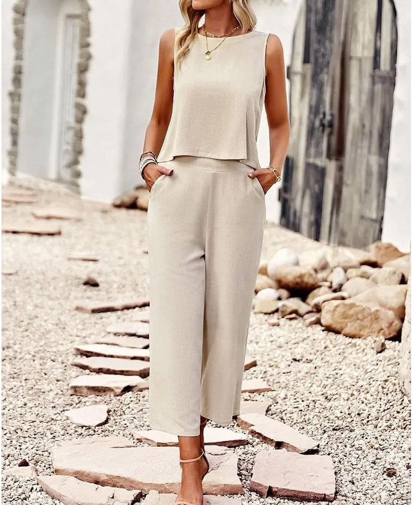 Two Piece Summer Outfits for Women Linen Pants Suits Casual Sleeveless Crop Top and Wide Leg Pants Sets S-XL