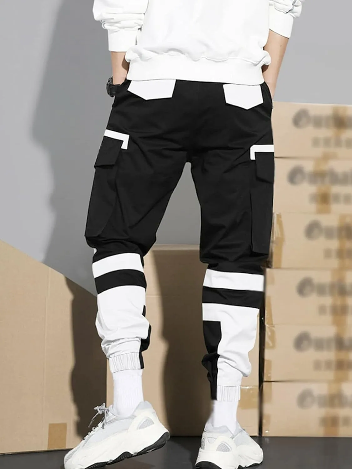 WDIRARA Men's Colorblock Cargo Pants Drawstring Waist Active Sporty Pants with Pockets