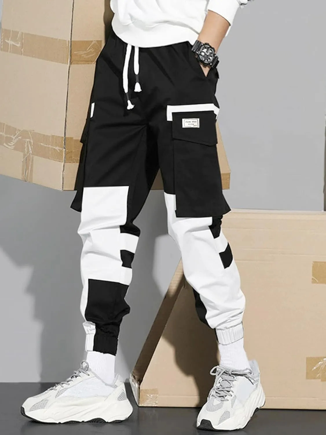 WDIRARA Men's Colorblock Cargo Pants Drawstring Waist Active Sporty Pants with Pockets
